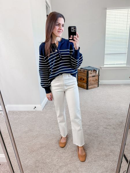 Saturday Spring outfit | capsule outfit idea | striped sweater, white straight crop Jean, ballet flat

#LTKstyletip