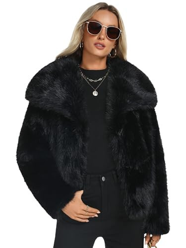 Funlingo Womens Cropped Faux Fur Coat Winter Casual Lapel Long Sleeve Shaggy Jacket Warm Outerwear Black XL | Amazon (US)