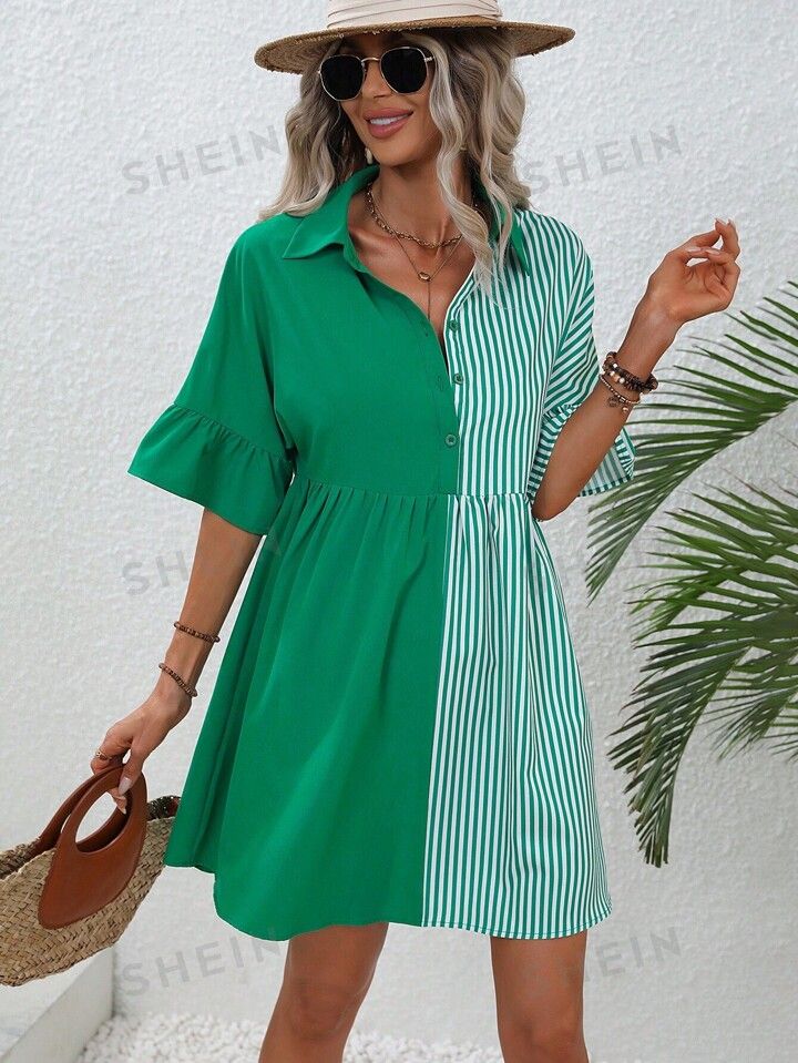 SHEIN Unity Striped Print Flounce Sleeve Shirt Dress | SHEIN