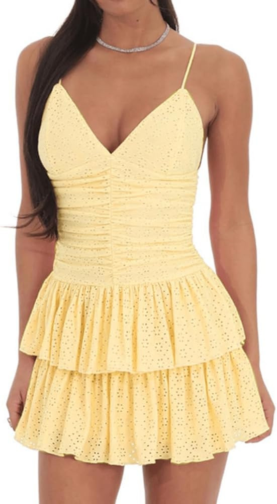 YOXUA Women's Deep V-Neck Spaghetti Strap Casual Tiered Mini Dresses Summer Layer Ruffle Hem Shor... | Amazon (US)