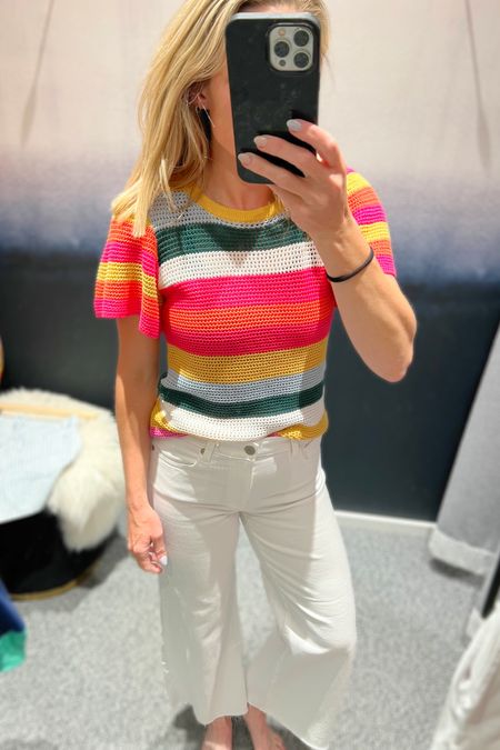 Flutter sleeves and colorful stripes come together in this must have summer sweater slightly cropped with a crew neckline and open stitching.  Pairs great with a pair of white wide leg denim jeans or your denim skirt.
Summer sweaters | summer outfits |summer style |  striped top | summer outfits | white denim | summer workwear 

#SummerWorkOutfits #SummerSweaters #ColorfulTops #SummerTops #WhiteDenim

#LTKworkwear #LTKSeasonal #LTKstyletip