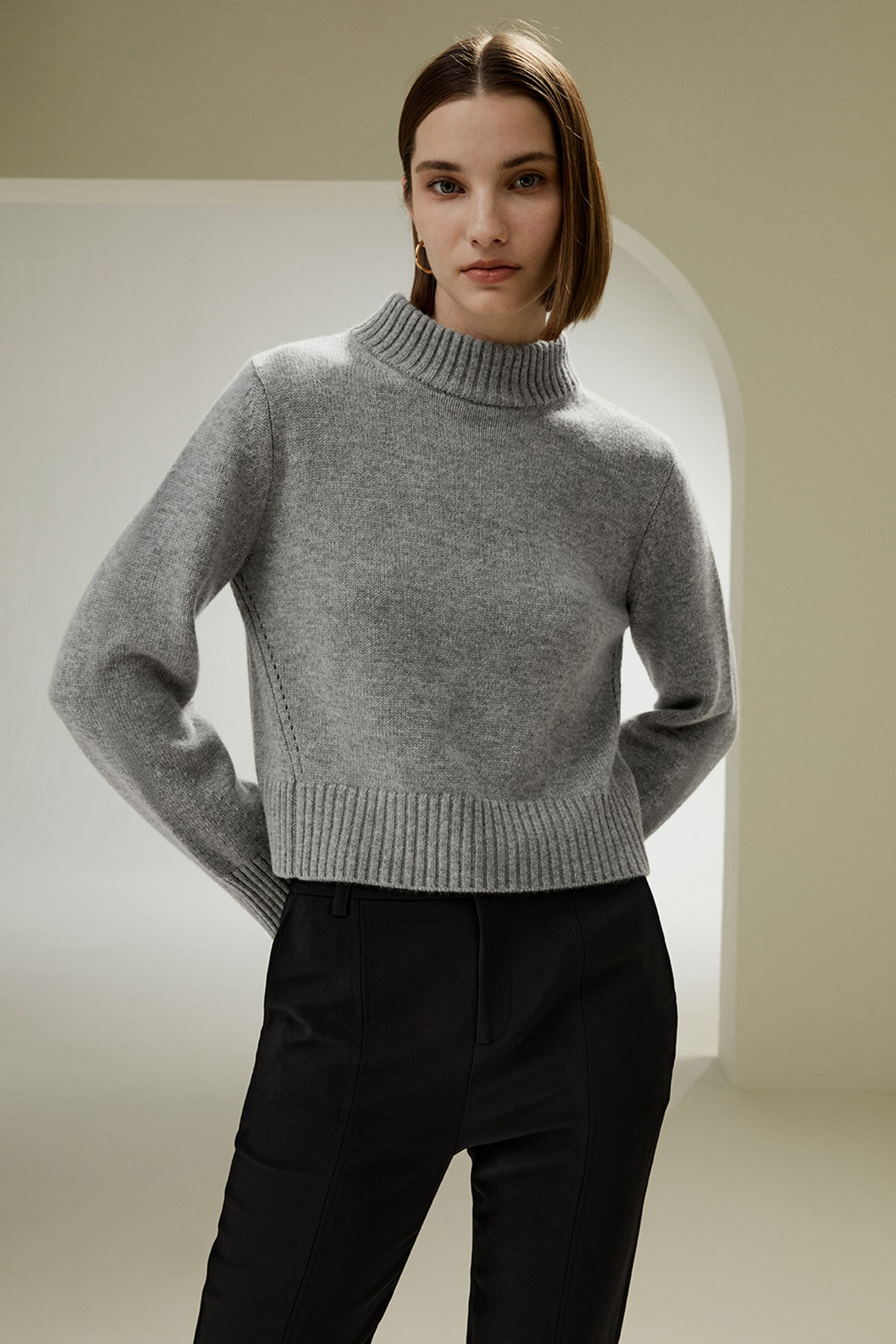 Ribbed Collar and Hemline Wool Cashmere Sweater | LilySilk