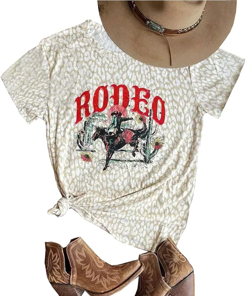 Western Cowboy T-Shirt for Women Cowgirl Rodeo Casual Shirts Vintage Desert Cactus Graphic Tee To... | Amazon (US)