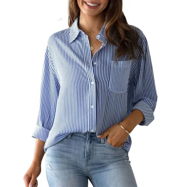 Charmo Women's Striped Button Down Blouses Casual Long Sleeve Shirts | Walmart (US)