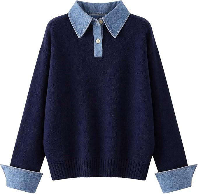 Women’s Oversized Denim Collar Sweater, Button Up Polo Knit Pullover with Denim Cuffs, Cozy Lon... | Amazon (US)
