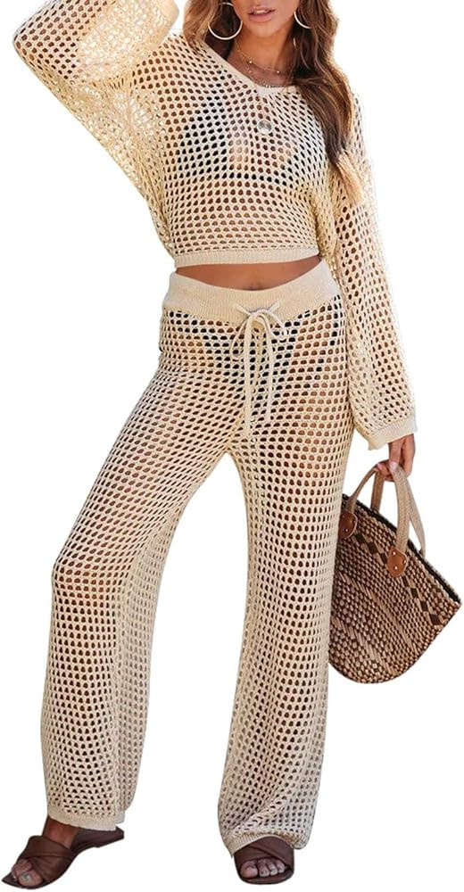 Pink Queen Women's Swimsuit Cover Up Set 2 Piece Crochet Long Sleeve Crop Top Wide Leg Pants Beac... | Amazon (US)