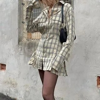 Long-Sleeve Plaid Shirt Dress | YesStyle Global