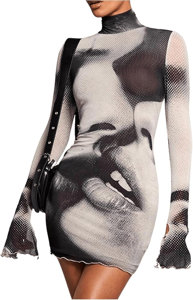 SOLY HUX Women's Graphic Print Bodycon Mini Dress Turtleneck Long Sleeve Pencil Dresses | Amazon (US)