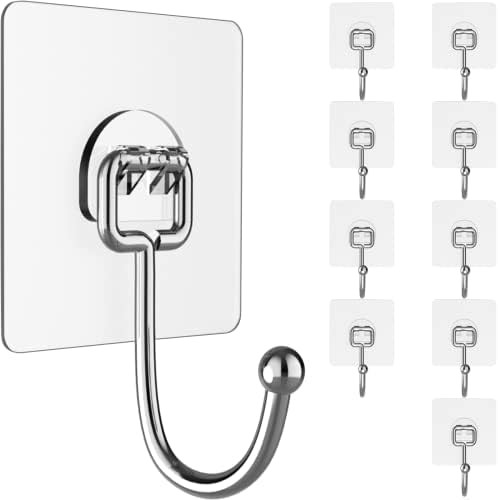 Large Hooks for Hanging Heavy-Duty 44Ib(Max) 10 Packs, Wall Hangers without Nails Self-Adhesive T... | Amazon (US)