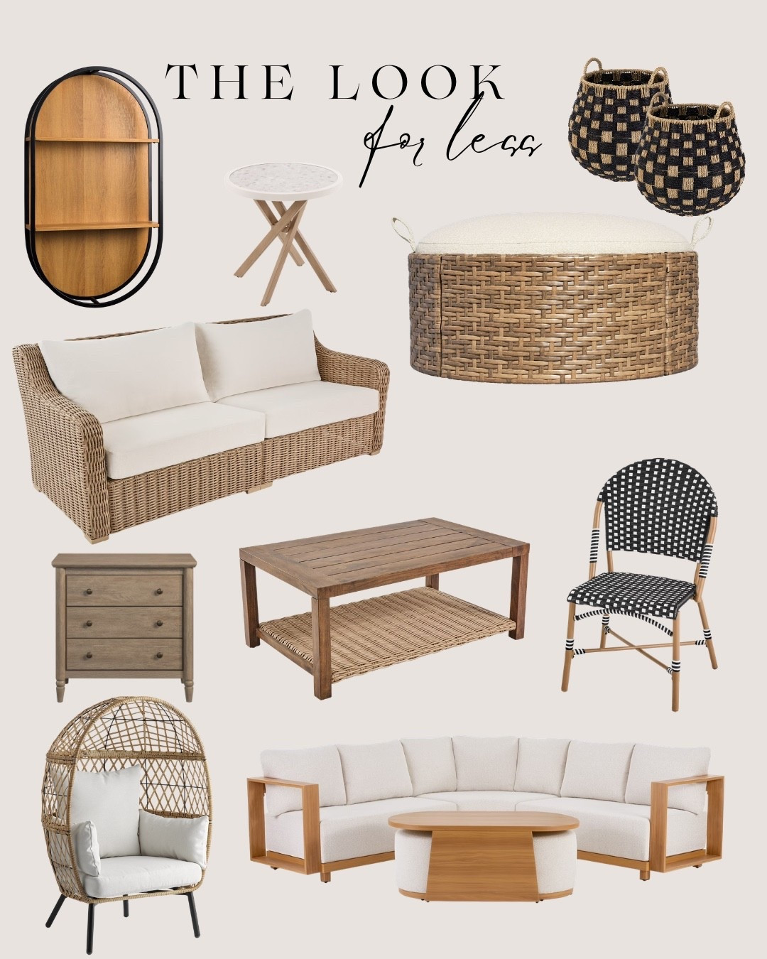 Walmart the look for less: white sofa, dark brown coffee table, black wicker dining chair, white sectional, white wicker accent chair, light brown nightstand, natural wood shelf, white side table, white wicker ottoman, black rattan baskets. 

 #LTKHome #LTKSaleAlert