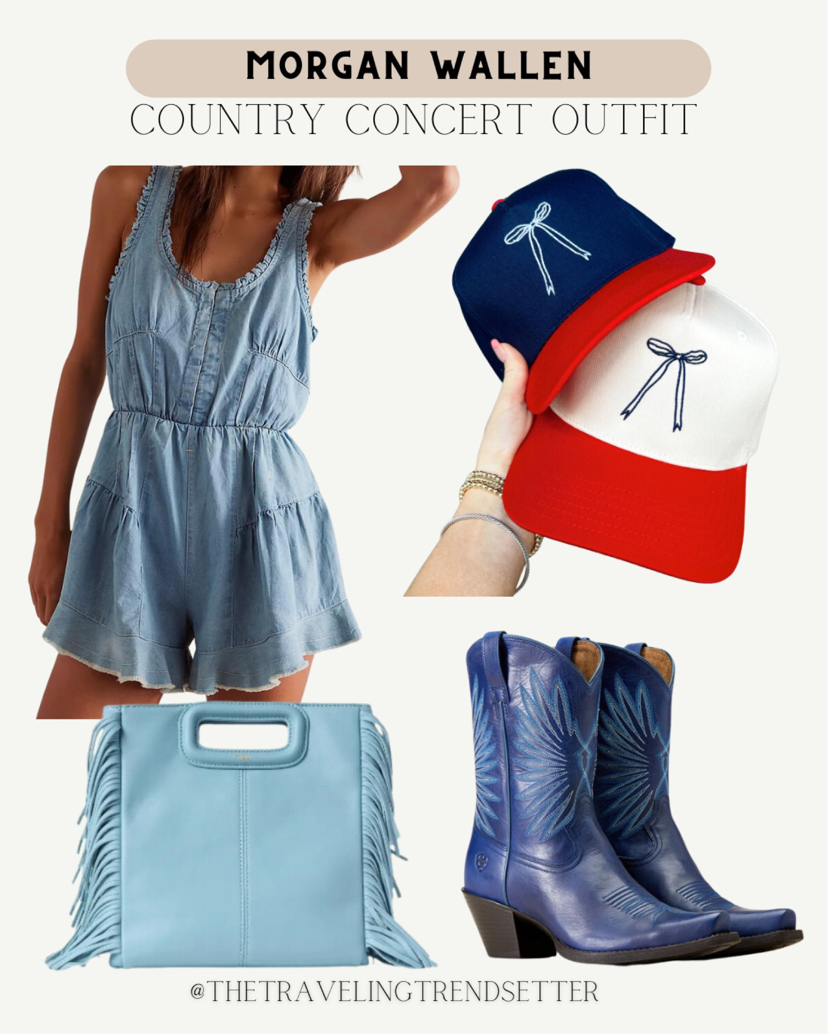 Morgan Wallen country concert outfit idea, Nashville outfit, red, white and blue, denim romper, memorial day, Labor Day, July 4 outfit, how to style navy boots, fringe purse, trucker hat, free people romper


#LTKStyleTip #LTKShoeCrush #LTKFindsUnder100