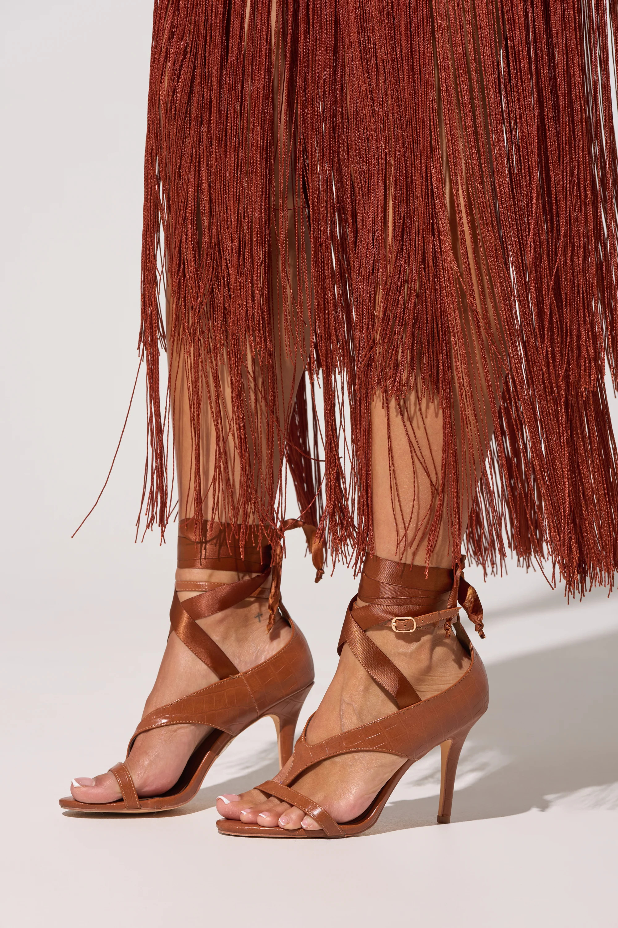 AKIRA GOLD SIEGER BROWNPATENT WRAP UP BALLERINA STILETTO SANDAL | AKIRA