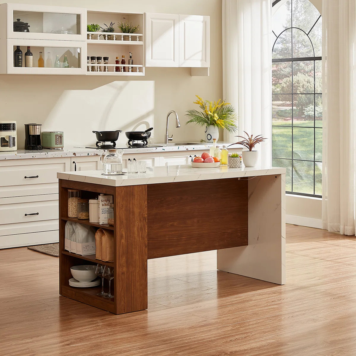 61" Kitchen Island With Imitation Marble Top – Portable Workstation With Storage Shelves, Power... | Wayfair North America