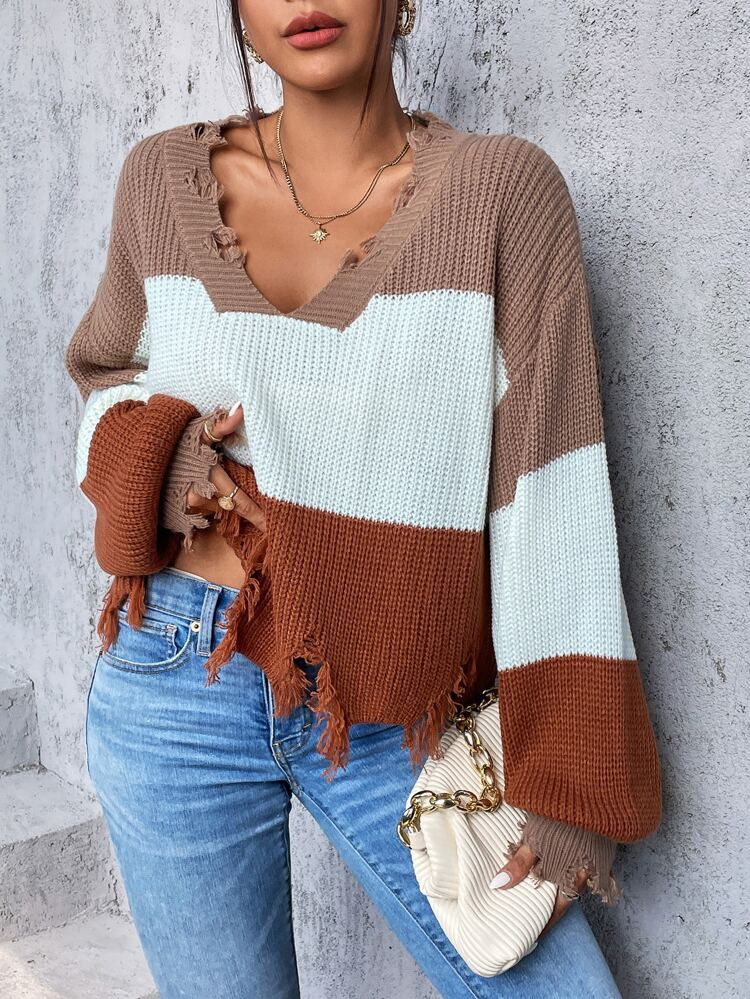 SHEIN Color Block Drop Shoulder Distressed Sweater | SHEIN