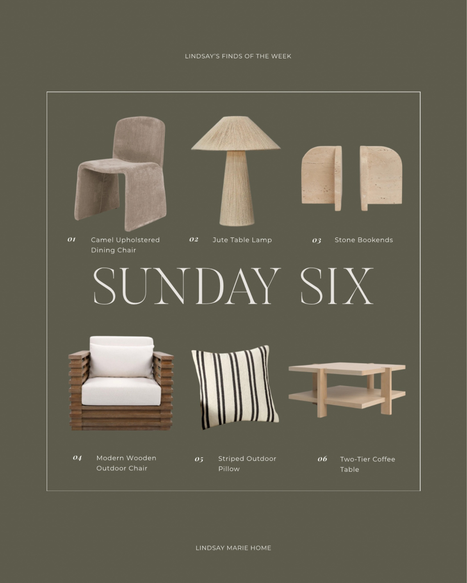 Sunday six | organic modern finds of the week

Upholstered dining chair
Jute table lamp
Stone bookends
Modern wooden outdoor chair
Striped outdoor pillow
Two-tiered coffee table


#LTKHome