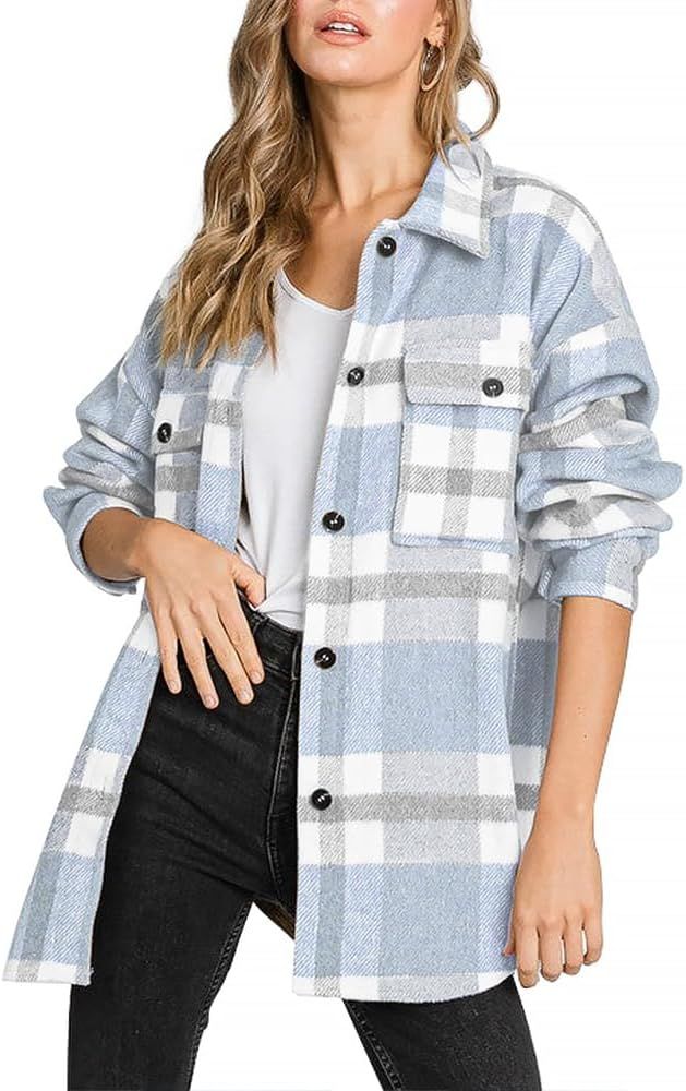 Beaully Women's Flannel Plaid Shacket Long Sleeve Button Down Shirts Jacket Coats with Side Pocke... | Amazon (US)