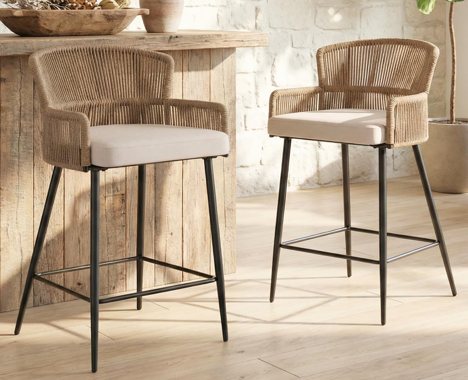 HNY Farmhouse Woven Bar Stools Set of 2, 26 Inch Linen Upholstered Rattan Barstools with Curved B... | Amazon (US)