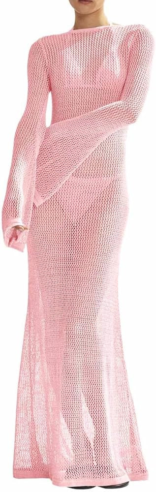 Saodimallsu Womens Crochet Cover Ups Long Sleeve Sexy Mesh Backless Knit Swimsuit Coverup Beach M... | Amazon (US)