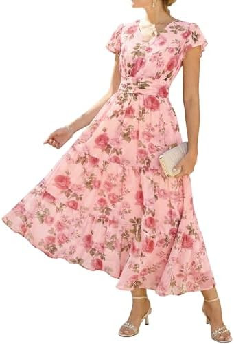 GRACE KARIN 2026 Women Summer Dress,Maxi Short Sleeve Floral Dresses,Semi Formal Flowy Wedding Gu... | Amazon (US)