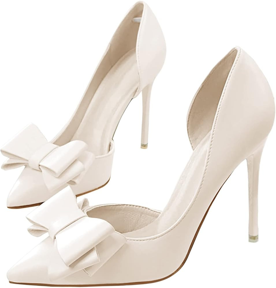 Womens Bow Heels Closed Pointed Toe Dress Shoes Stiletto Slip on Wedding Pumps | Amazon (US)