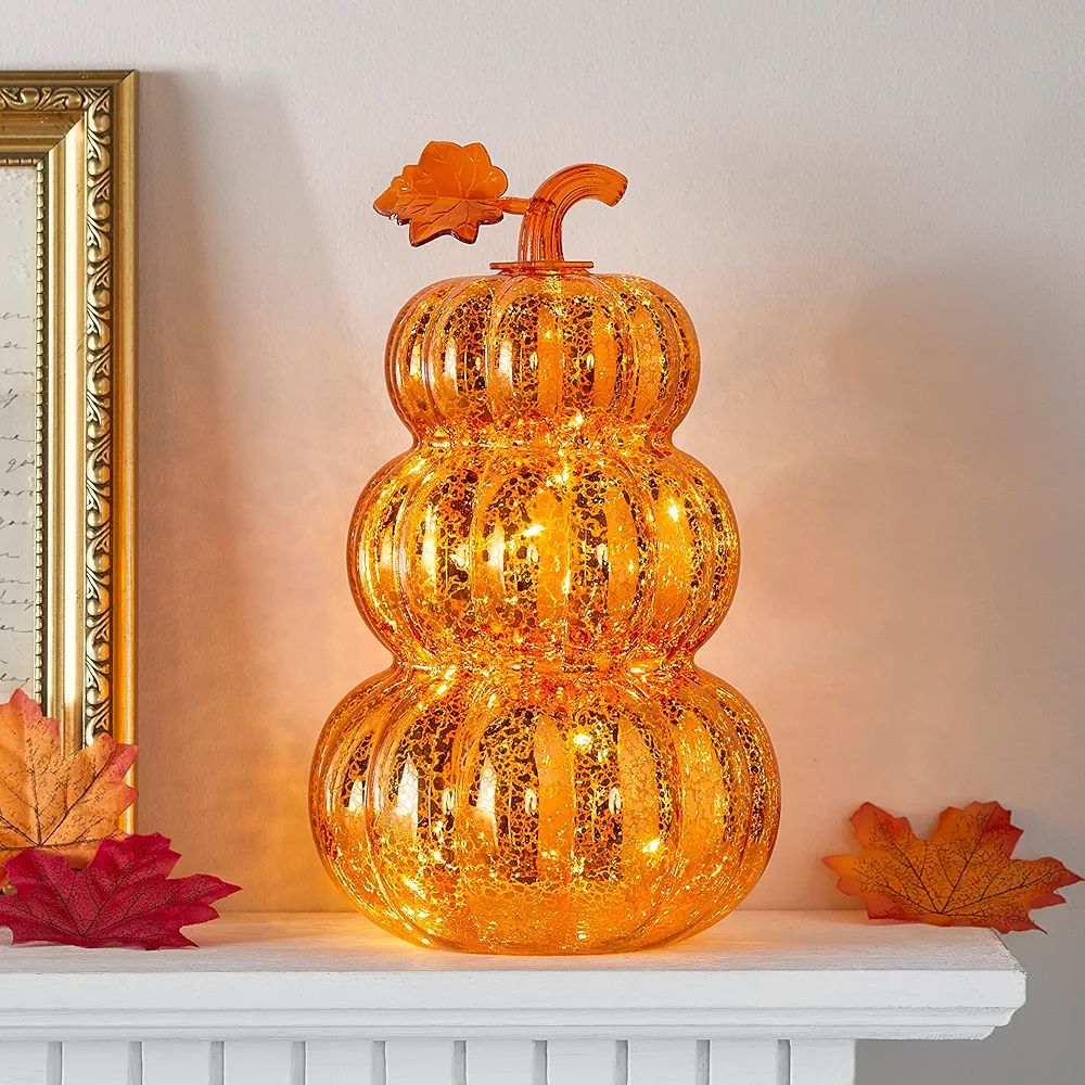 Lights4fun, Inc. Orange Glass Pumpkin Stack Battery Operated LED Fall Thanksgiving Light Up Decor... | Amazon (US)