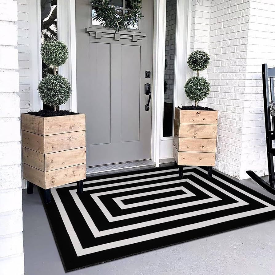 LEEVAN Black and White Rug 3x5 ft Cotton Woven Striped Door Mat Reversible Foldable Washable Indo... | Amazon (US)