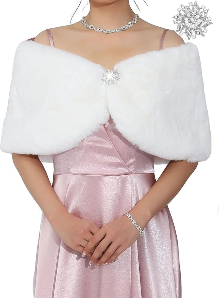 EASEDAILY Women's Fur Shawls and Wraps Wedding Fur Cape Faux Bridal Fur Stole Winter Fur Cover Up... | Amazon (US)