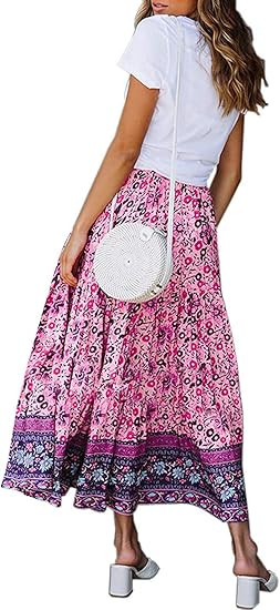 ZESICA Women's Bohemian Floral Printed Elastic Waist A Line Maxi Skirt with Pockets | Amazon (US)