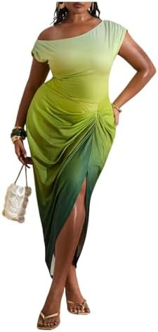 Floerns Women's Plus Size Asymmetrical Neck Long Dress Ruched Slit Hem Cocktail Dress | Amazon (US)