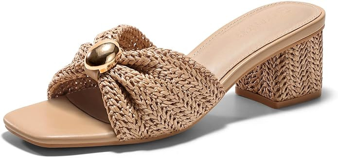 Coutgo Womens Low Chunky Block Heels Raffia Sandals Square Open Toe Slip On Slides Summer Beach D... | Amazon (US)