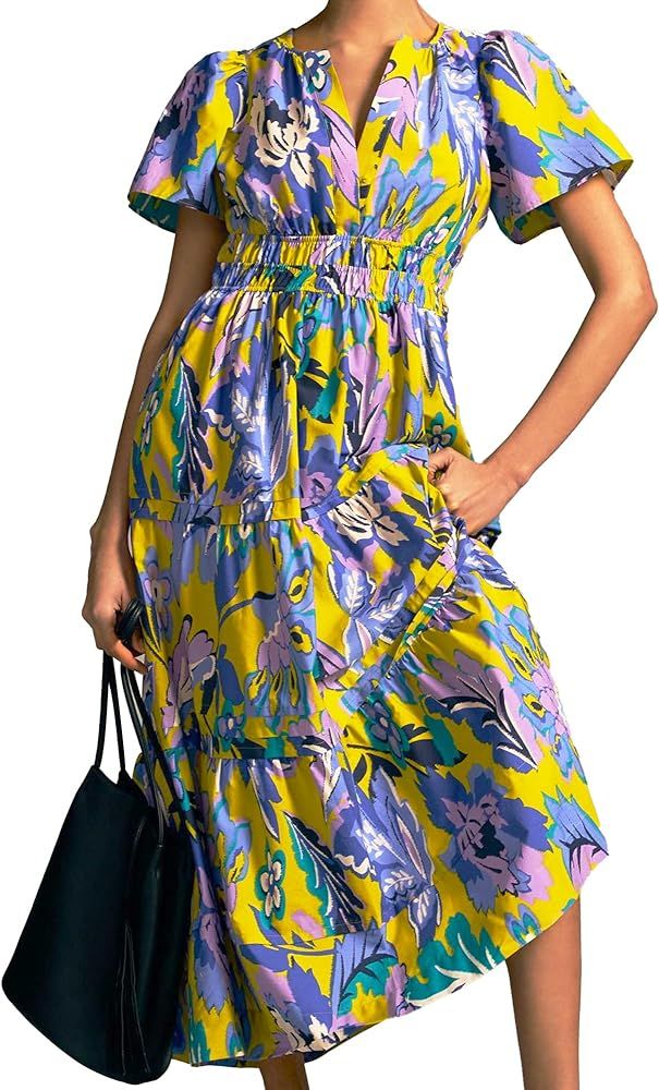 Women's Summer Print Maxi Dress with V-Neck, Smocked Waist, Side Pockets and Pintucked Hem | Amazon (US)