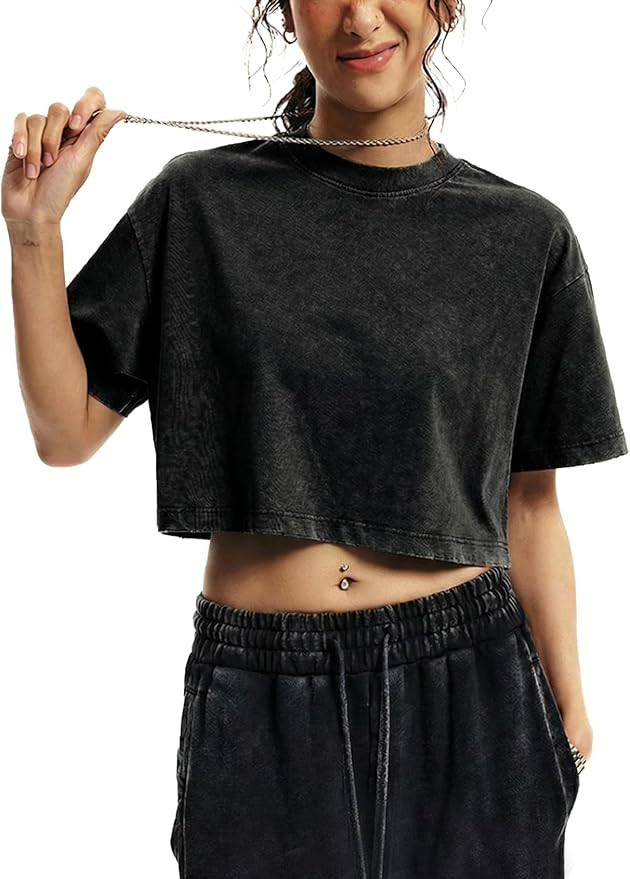 Yimoon Cropped T Shirts for Women Vintage Acid Wash Tee Shirts Summer Short Sleeve Cotton Crop To... | Amazon (US)
