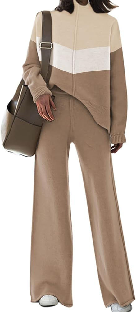 Viottiset Women's 2 Piece Outfits Sweater Set Wide Leg Pants High Neck Sweatsuit Loungewear | Amazon (US)