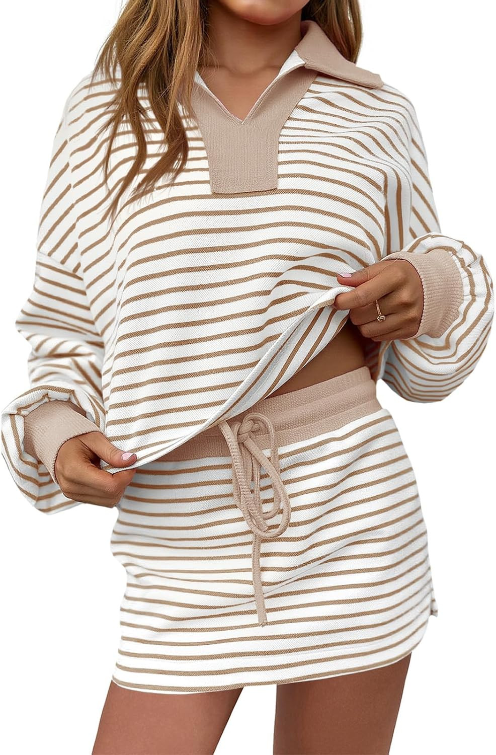 Fisoew Womens Striped 2 Piece Outfits Casual Sweatshirt Skirt Set Long Sleeve Skort Workout Set Matching Lounge Sets | Amazon (US)