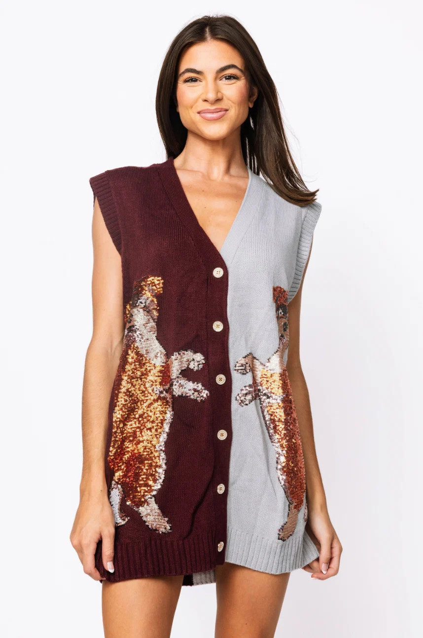 SAMPLE - Maroon & Grey Bulldog Cardigan Sweater Tank Dress | Queen of Sparkles