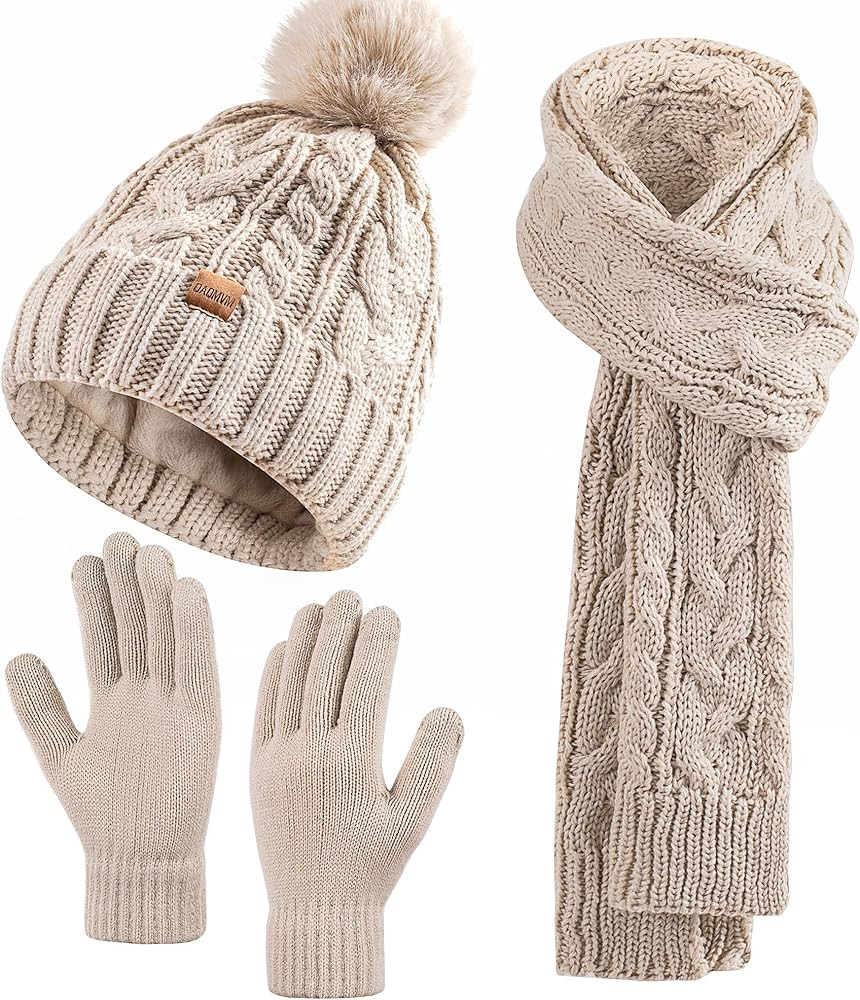 Winter Beanie Hat Scarf Gloves Set for Women, Pom Pom Fleece Lined Hat Long Knit Scarf Neck Warme... | Amazon (US)