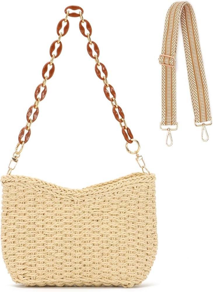 KUANG! Straw Woven Shoulder Bag for Women Summer Beach Tote Bag Crossbody Handbag Satchel Chain P... | Amazon (US)