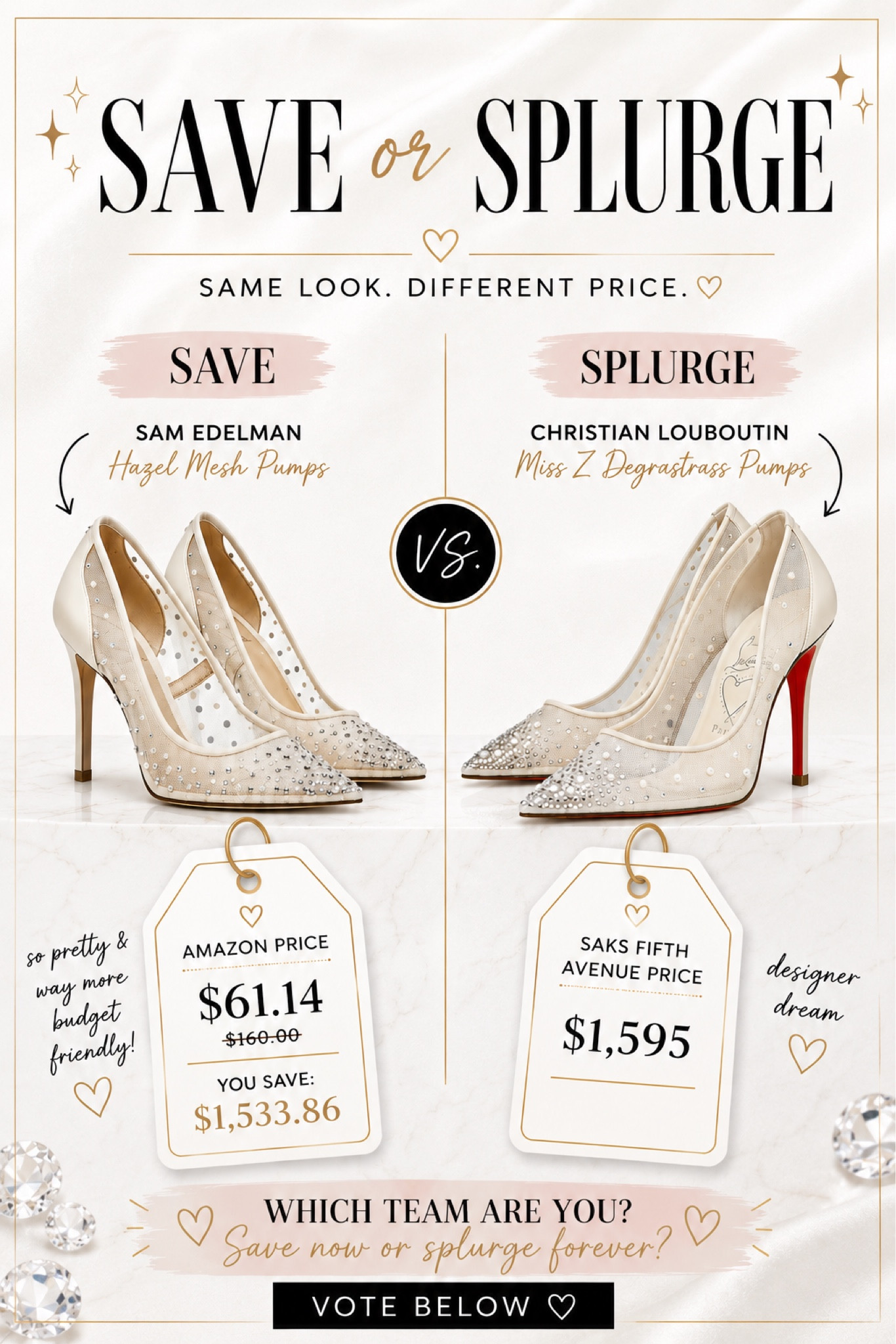 Save or splurge? 👠✨

I swear these heels are giving the exact same luxe bridal energy… but the price tags are living in completely different tax brackets. 🤭

The Sam Edelman pair is such a dreamy designer-inspired find for weddings, bachelorette weekends, bridal showers, date nights, or honestly just feeling extra at dinner. Meanwhile the Louboutins are the iconic splurge moment every fashion girl dreams about. ❤️

Would you save the $$ and still serve the look… or are you choosing the red bottoms every time? 👀

Drop your vote below:
SAVE or SPLURGE? ⬇️

#saveorsplurge #luxurydupe #designerinspired #fashionfinds #samedelman #christianlouboutin #heels #bridalshoes #weddinggueststyle #amazonfashion #affordablefashion #luxuryfashion #fashioncomparison #styleinspo #fashionreels #ootd #fashionblogger #viralfashion #girlystyle #shoeaddict 

#LTKWedding #LTKSaleAlert #LTKootd