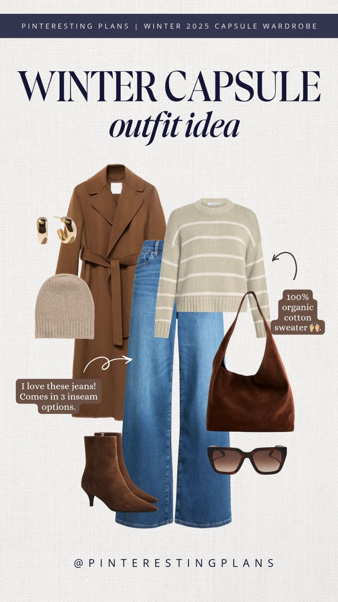 Winter outfit idea from my winter capsule wardrobe 

Camel brown long wrap coat, striped beige sweater, wide-leg jeans, brown suede bag and boots, beige beanie, sunglasses, and gold hoops

#LTKSeasonal #LTKootd #LTKFindsUnder50