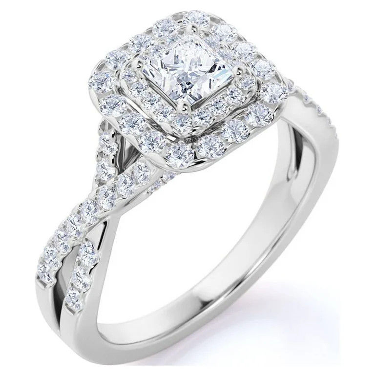 Elegant 1 Carat - Square Cut Diamond - Twisted Band - Pave - Double Halo Engagement Ring - 10K Wh... | Walmart (US)