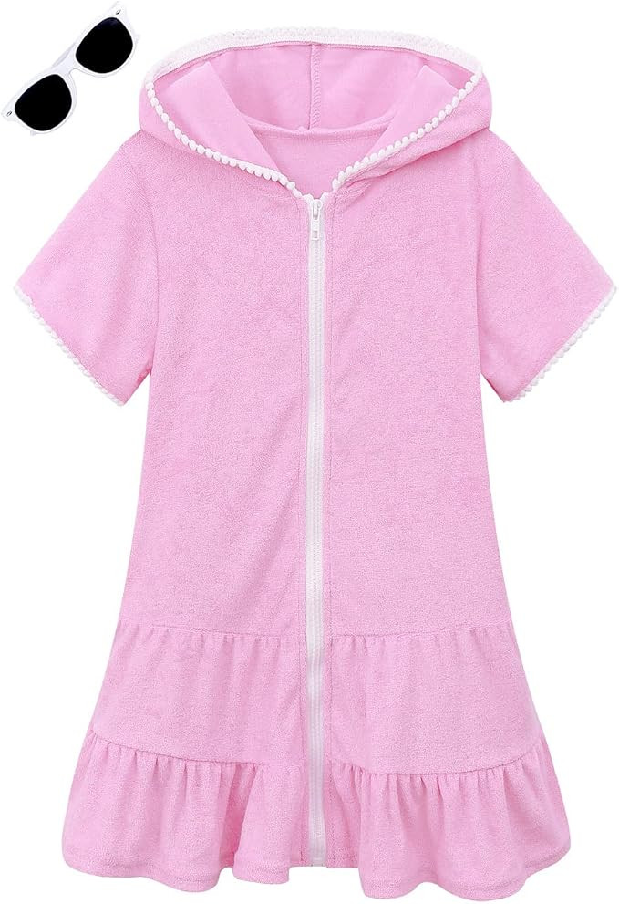 LUCKYGAL Girls Swim Cover Up Kids Swimsuit Coverup Terry Zip-Up Beach Bathing Suit Robe with Sung... | Amazon (US)