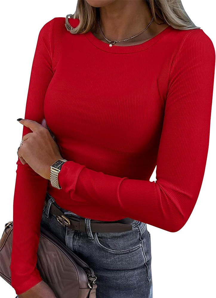 Roselux Womens Long Sleeve Stretch Crewneck Ribbed T-Shirt Fitted Casual Basic Tops | Amazon (US)