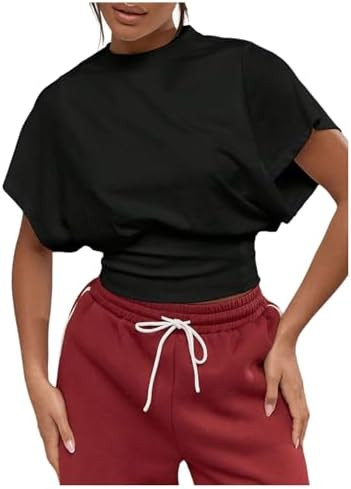 SHENHE Women's Dolman Sleeve Bat Wing T Shirt Crew Neck Cinched Waist Going Out Crop Top | Amazon (US)