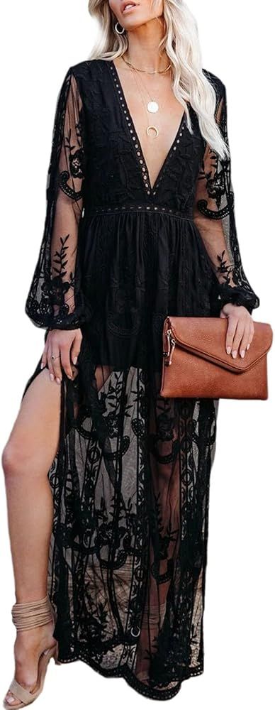 Women's Embroidery Flower Deep V Neck Lace Boho See Through Long Sleeve Split Maxi Long Dress Sol... | Amazon (US)