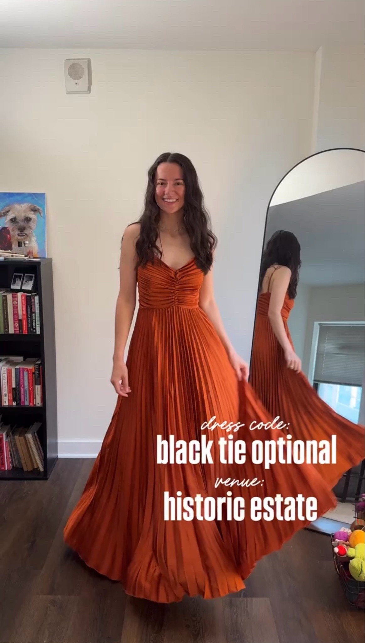Black tie optional wedding guest dress inspo for late summer. Rich terracotta burnt orange micro-pleated maxi dress with a ruched bodice. Elegant, high-end guest look for a historic estate or castle venue.

#LTKWedding #LTKPetite #LTKSeasonal