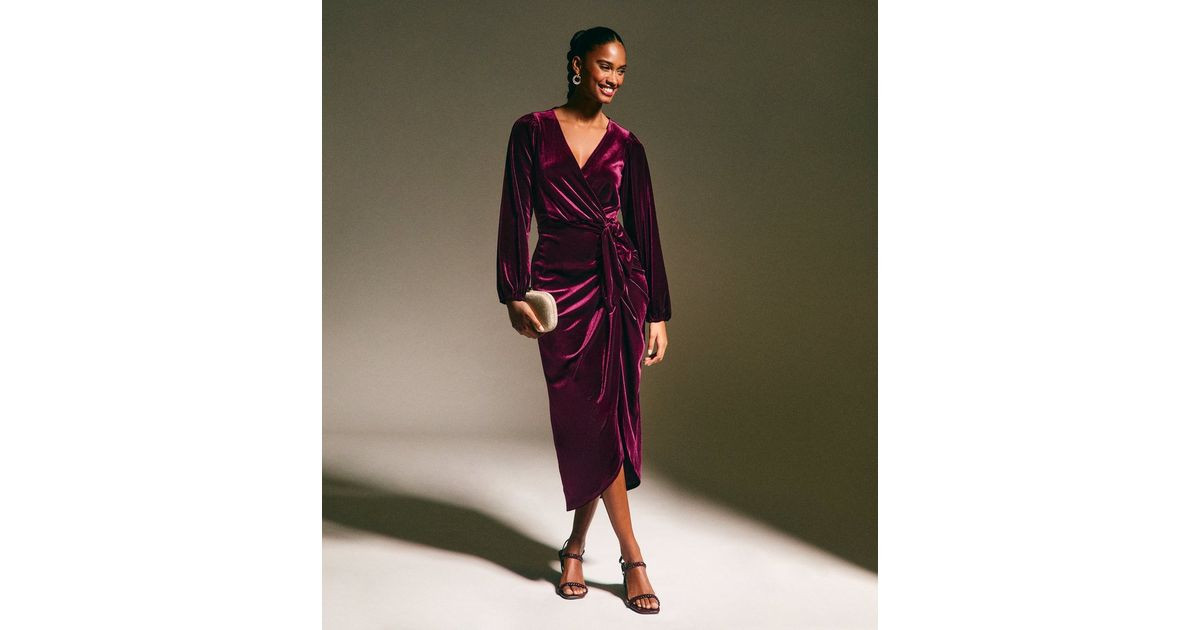 Burgundy Velvet Long Sleeve Wrap Midi Dress | New Look | New Look (UK)