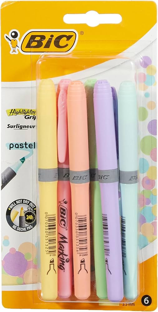 BIC Highlighter Grip Pastel, Highlighter Pens with Adjustable Chisel Tip, Rubber Grip for Extra C... | Amazon (US)