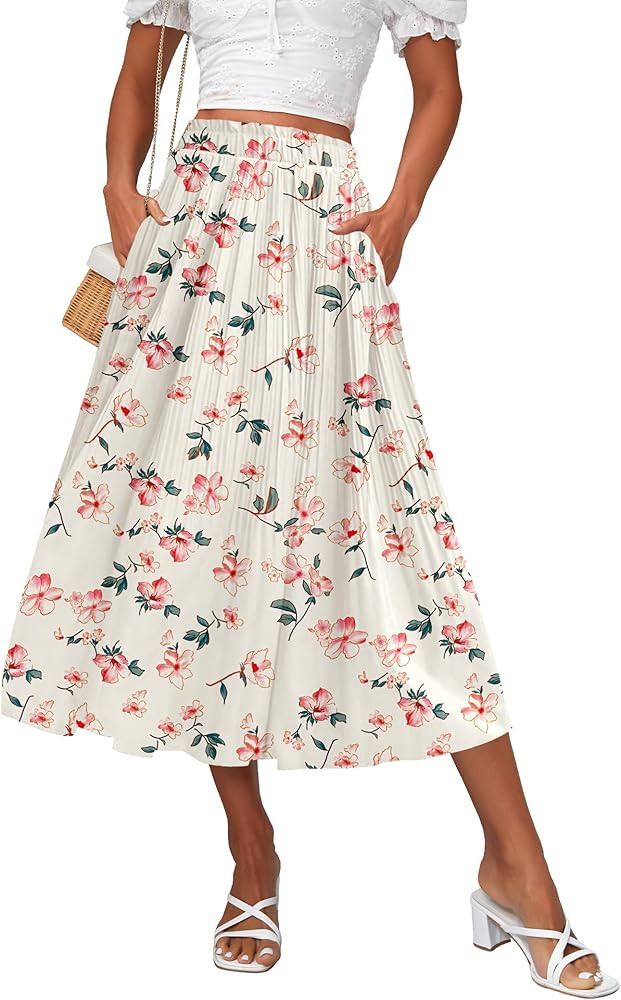 Zeagoo Women's Midi Skirts Elastic High Waist Skirt Polka Dot Casual Pleated Skirt with Pockets | Amazon (US)