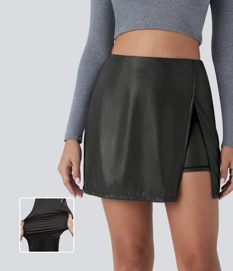 Women’s Softlyzero™ Faux Leather High Waisted Split Hem 2-in-1 Side Pocket Metallic Foil Prin... | HALARA