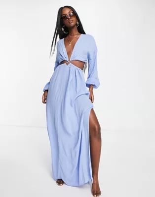 ASOS DESIGN cut out lattice waist maxi beach dress in blue | ASOS (Global)